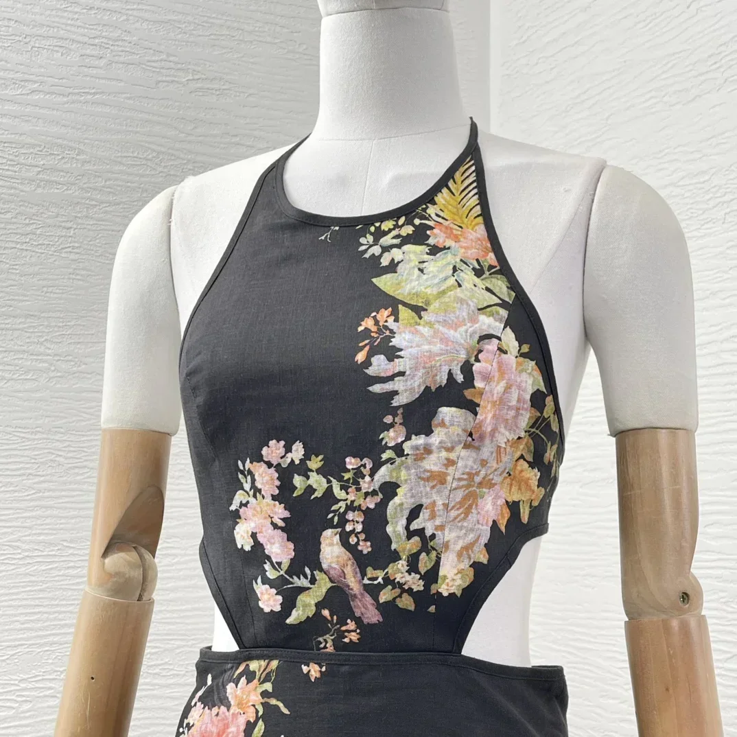 2025年ニューホリデーデザインカットアウトレトロ花柄プリントピュアリネン高品質ホルタープリーツ女性用マキシブラックドレス