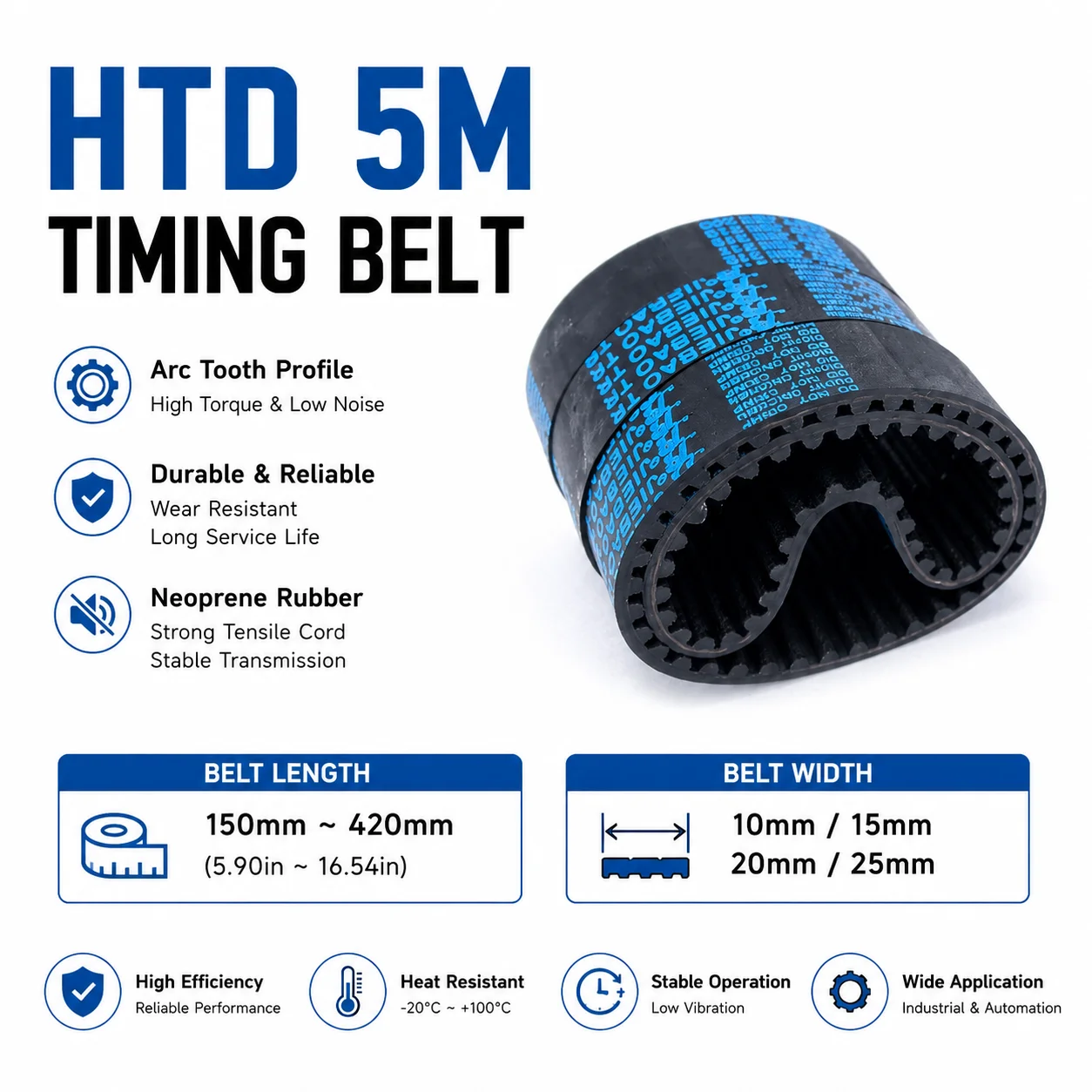 Circular Tooth HTD 5M Synchronous Belt Width 10/15/20/25mm C=HTD5M150~HTD5M420 Rubber Closed-loop Timing Belt Tooth Pitch 5mm