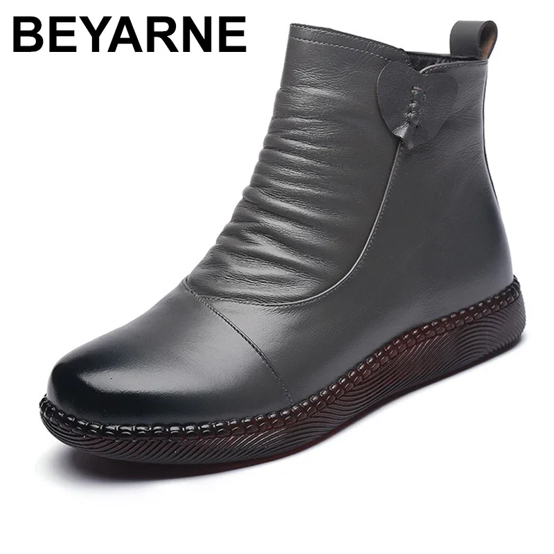 BEYARNE Autumn Women\'s Shoes Leather Boots Women Fashion Winter Boots Women Flats Non-slip Warm Thick-soled Shoes Women