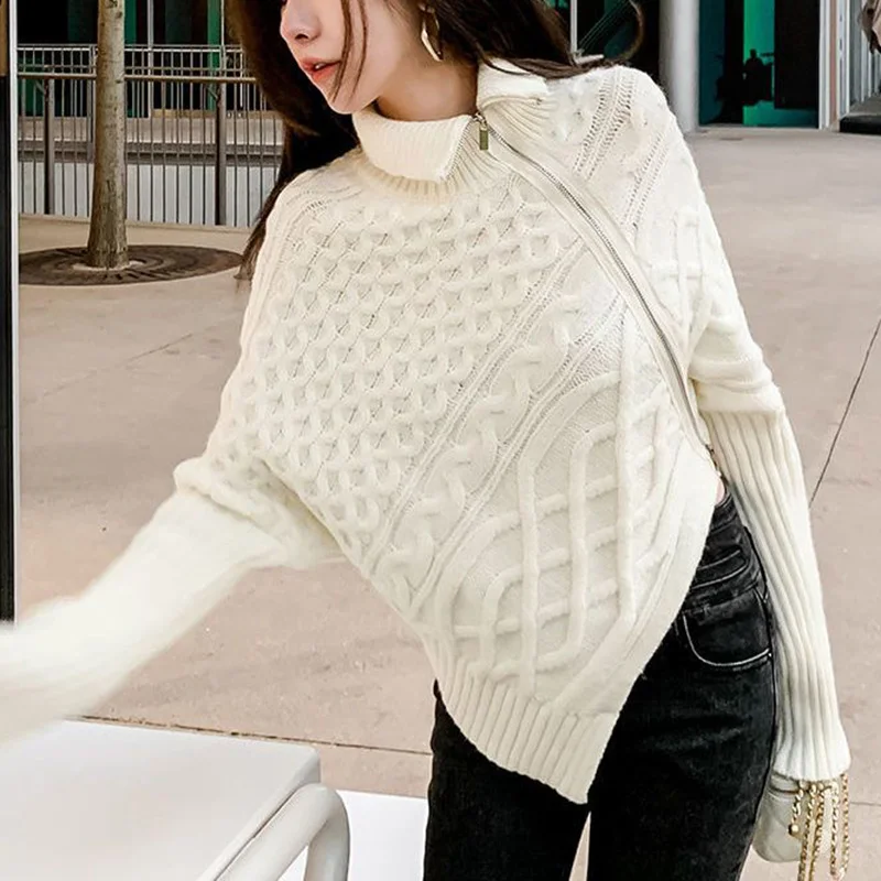 Fashion Solid Color Knitted Zipper Irregular Cardigan Sweaters Female Clothing 2023 Autumn New Asymmetrical Casual Tops