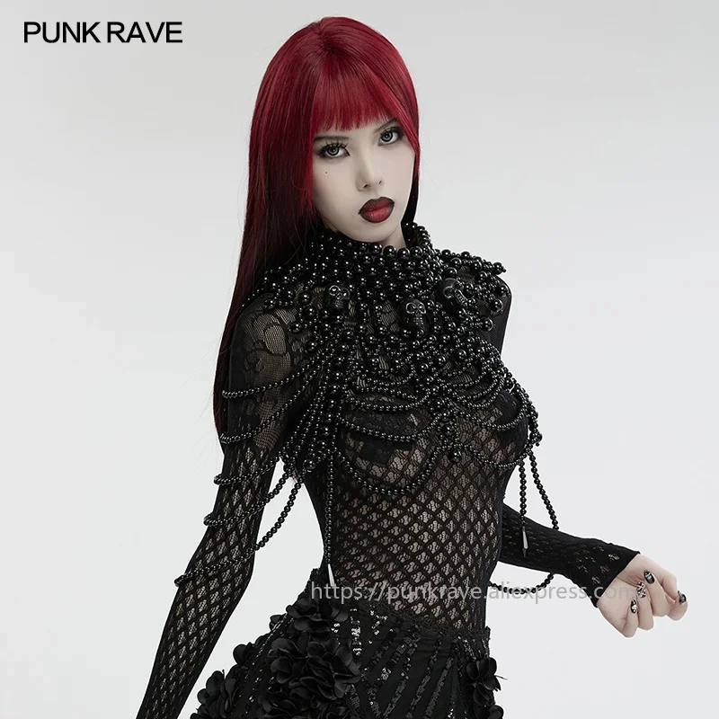 

PUNK RAVE Women's Gothic Skull Beaded Neck Cover Multi Layers Hand Woven Pearl Luxurious Noble Elegance Halloween Accessories