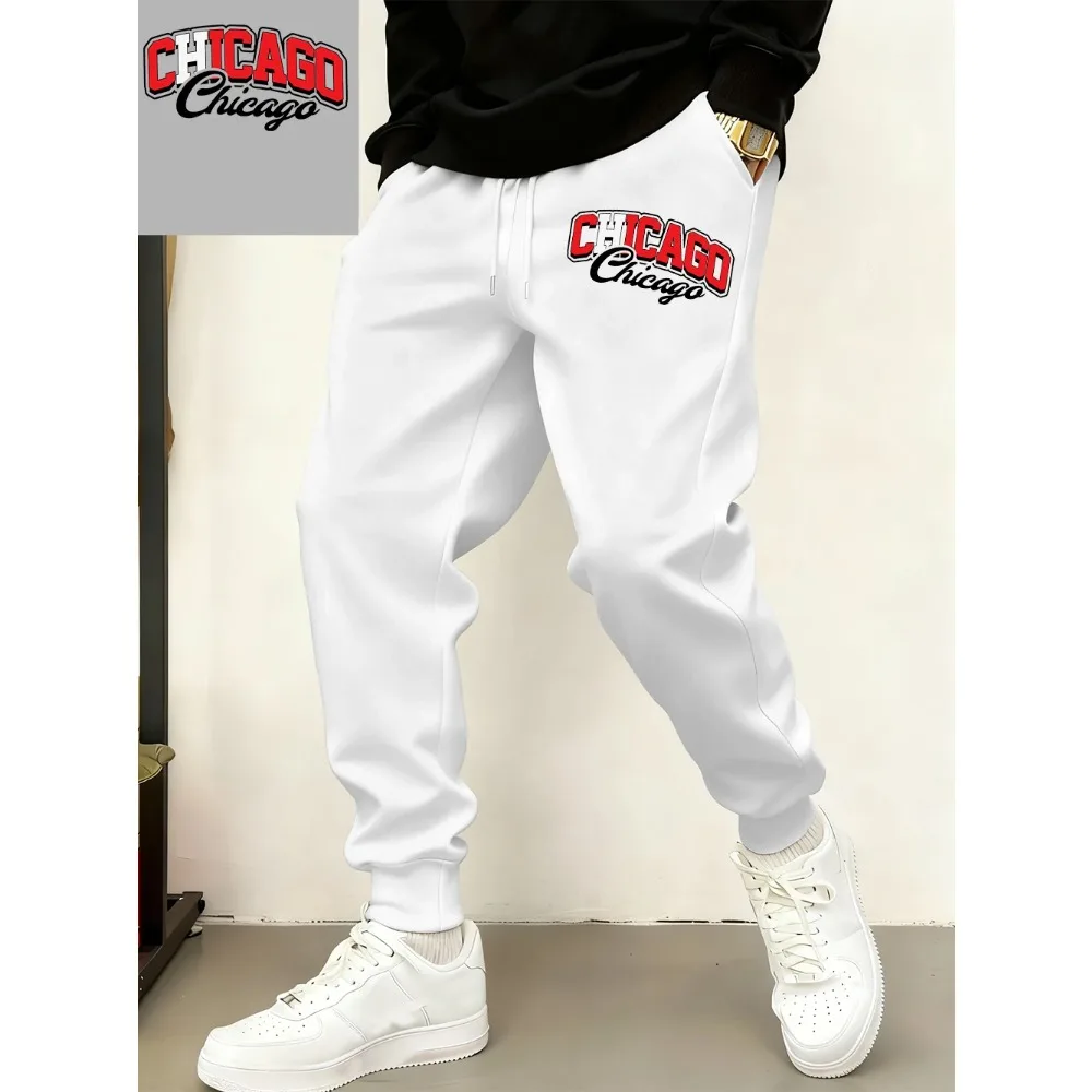 

Chicago Letter Printing Sweatpants Mens Basics Pocket Jogger Pants Casual Fleece Warm Oversized Trousers Winter Male Clothes