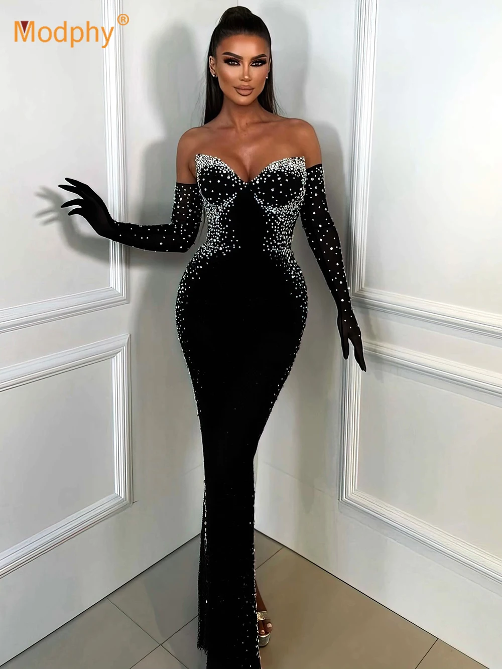 Modphy Bandage Dress with Gloves 2024 Women Celebrity Sexy Off the Shoulder Pearl Bead Long Bodycon Elegant Evening Party Gowns