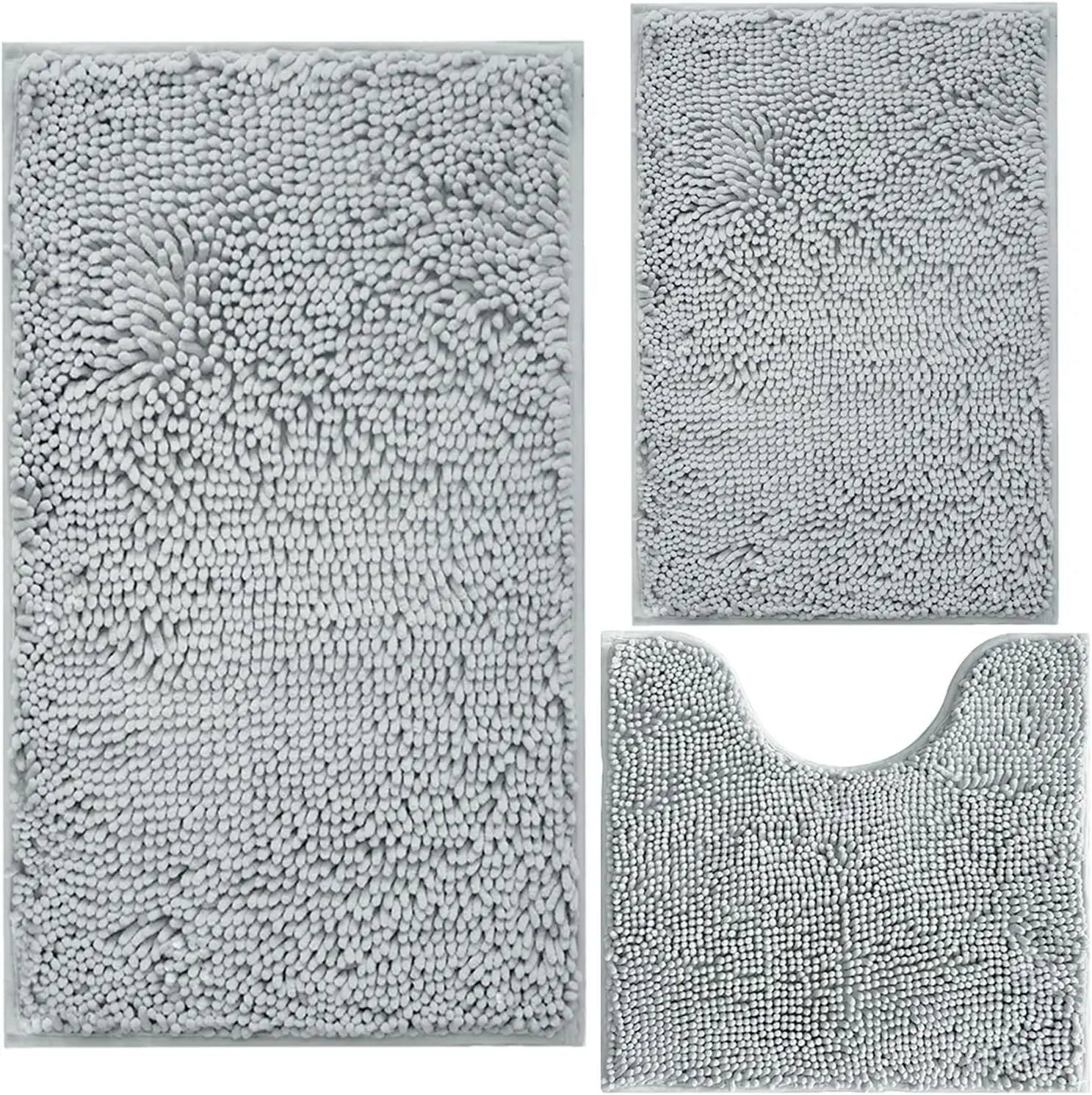 

3-Piece Ultra Soft Shag Bathroom Rugs, Absorbent & Non-Slip, Machine Washable, Light Grey