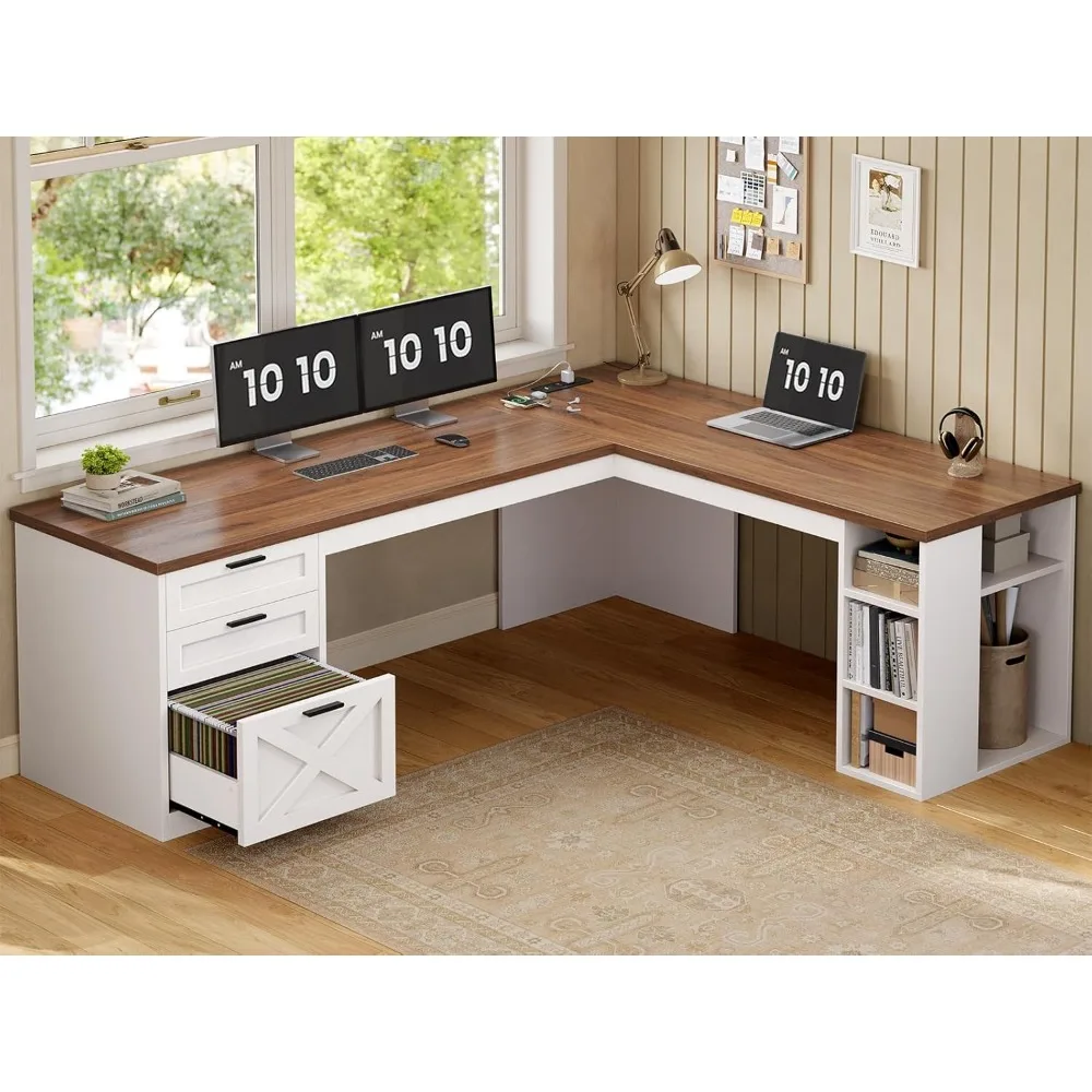 

L-shaped office desk with 3 drawers, white corner computer desk, storage rack, home desk with power supply