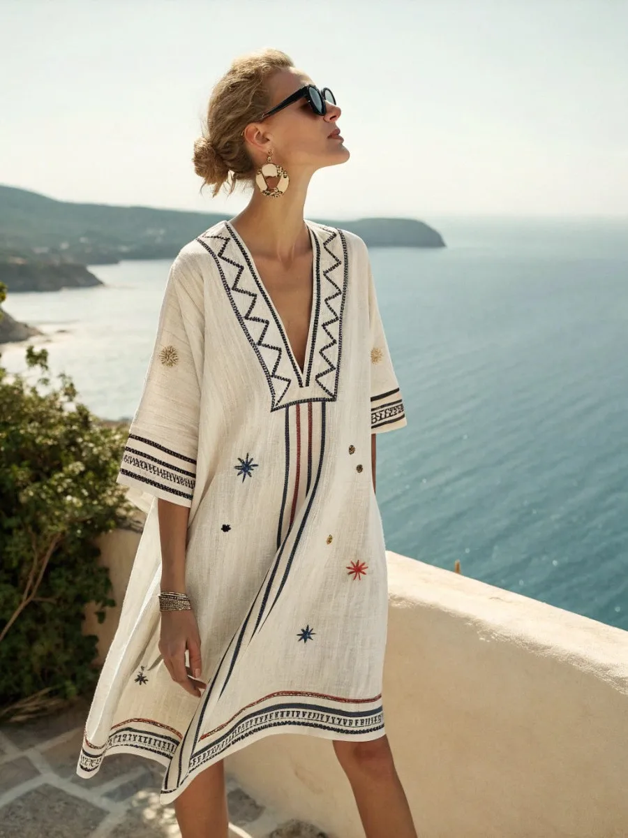 Women's Pareo Dress Boho Style V Neck Short Sleeve Dresses Midi Beach Dress Embroidered Geometric Print Vacation Dress Beige Red