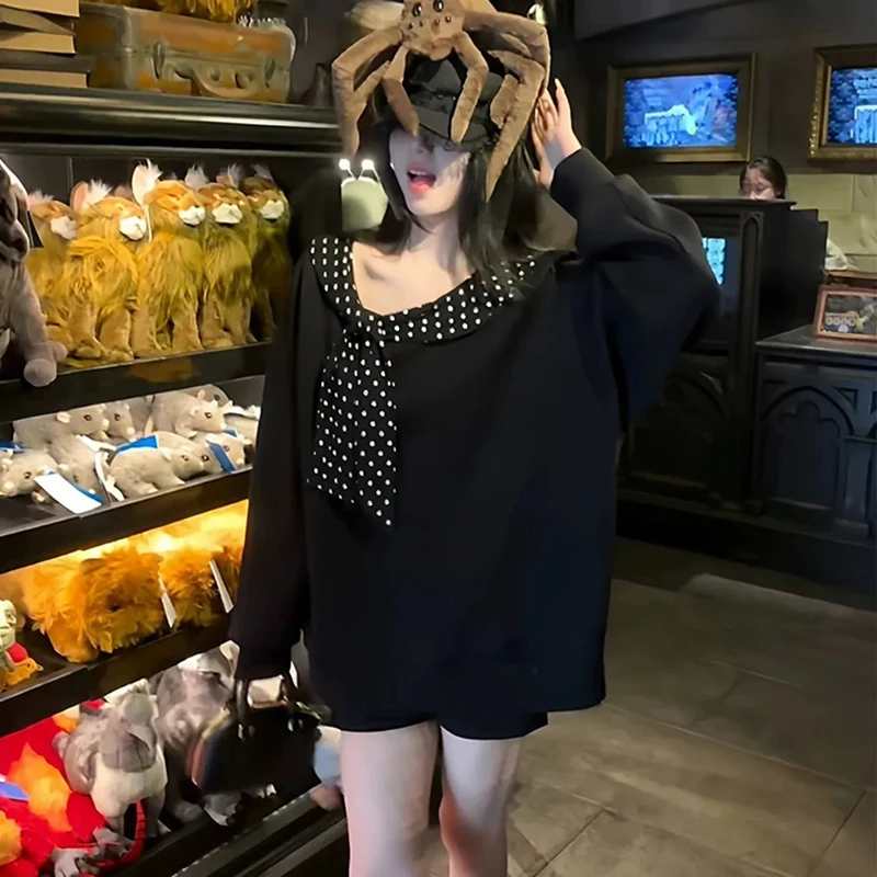 

Черные толстовки в горошек, женские осенние свободные пуловеры с ленивым ветром и бантом в стиле пэчворк, корейская повседневная уличная одежда, винтажные топы в стиле Харадзюку