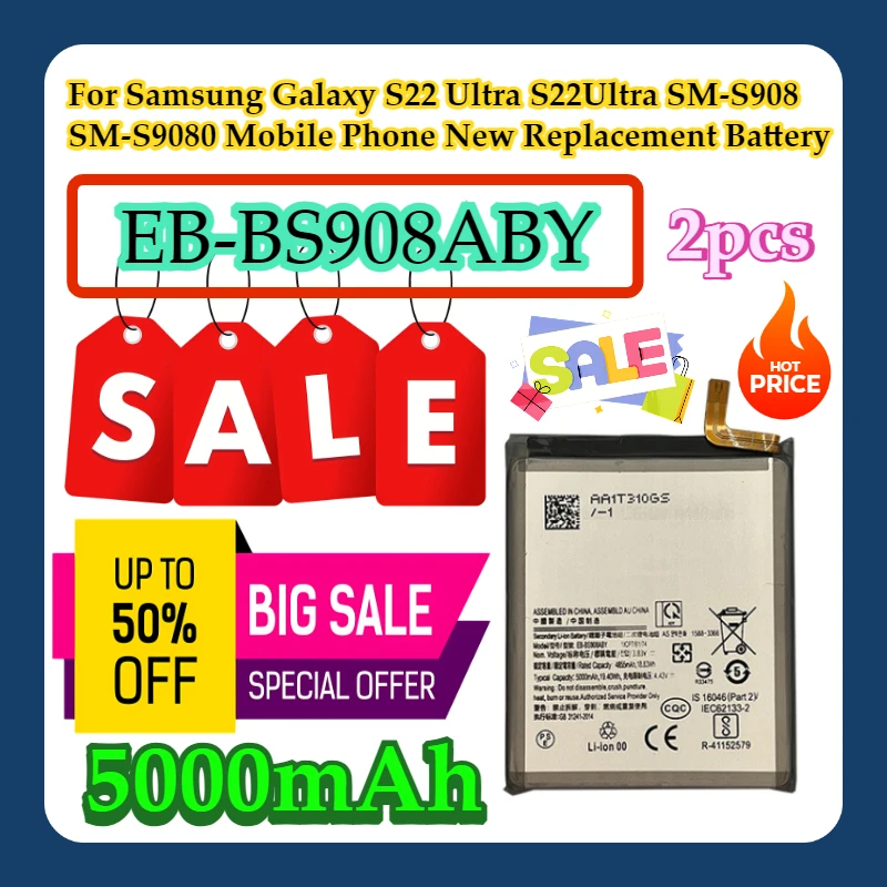 

2pcs For Samsung Galaxy S22 Ultra S22Ultra SM-S908 SM-S9080 Mobile Phone New EB-BS908ABY 5000mAh Replacement Battery