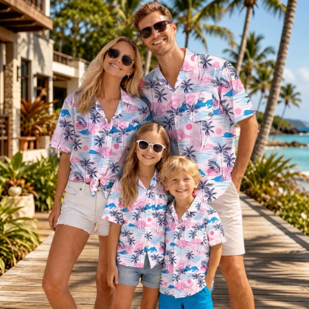Tropical Beach Family Hawaiian Shirt Parent Child Tropical Hawaiian Shirt Quick Drying Sport Vacation Style Parent Child T-Shirt