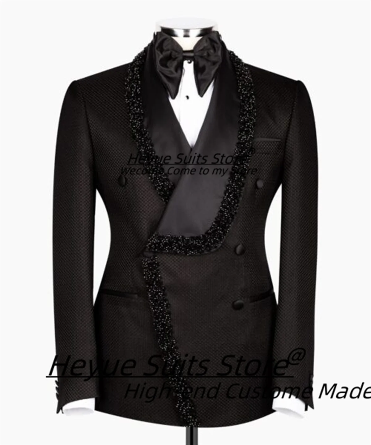 

Fashion Black Wedding Suits For Men Customized Slim Fit Beadwork Shawl Lapel Groom Wedding Tuxedos 2 Pcs Sets Male Party Blazers