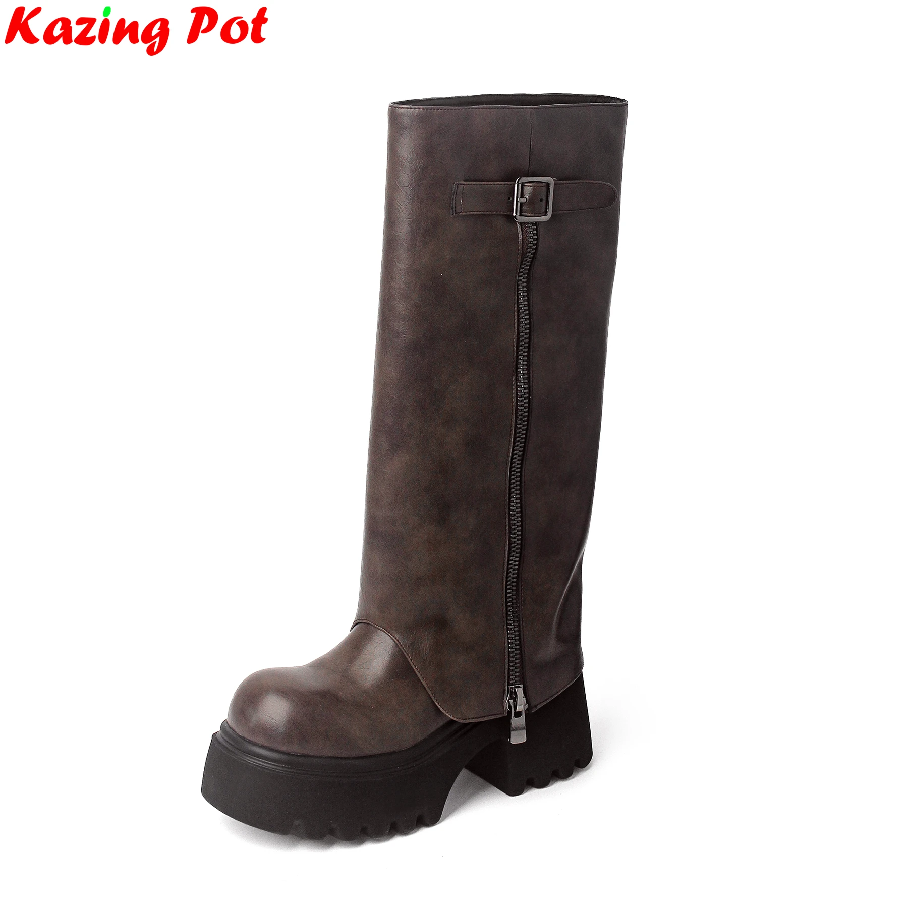 

2026 Cow Leather Round Toe Slip On Riding Shoes Warm Autumn Winter Shoes Dating Catwalk Brand Belt Buckle Women Thigh High Boots