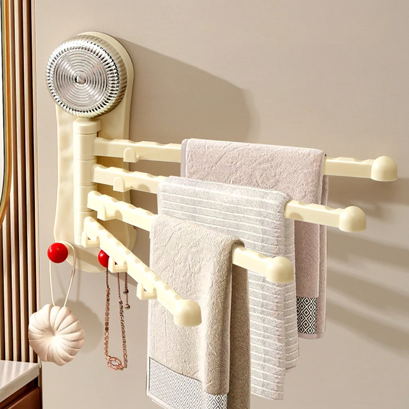 Bathroom Rotating Sucker Towel Rack Cloth Drain Holder Multi Link Wall Mounted Drain Stand Kitchen Storage Sheif Hanging Rod