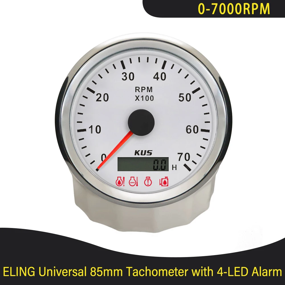 KUS Vehículos Barcos Tacómetro universal de 85 mm 0-7000 RPM con contador de horas y alarma de 4 LED Retroiluminación roja 12 V CC