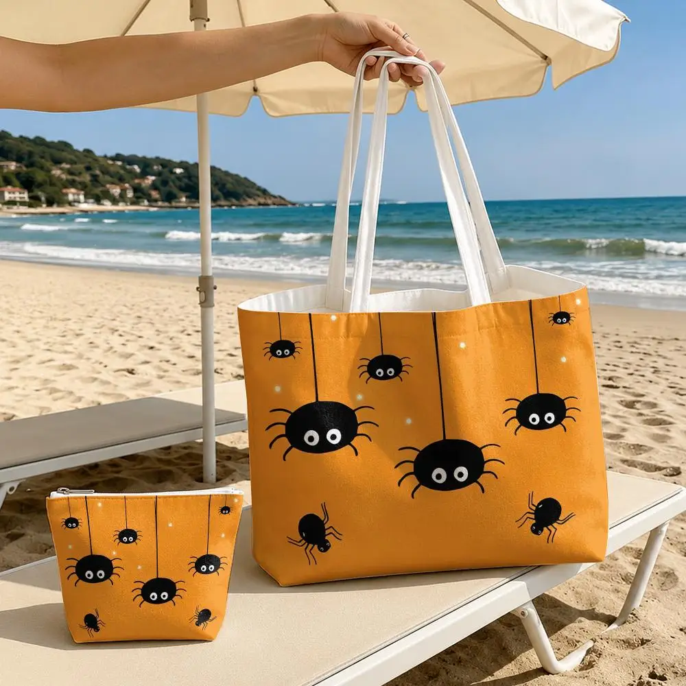 Halloween spider web Storage Bags 2-Piece Set Double-Sided Printed Canvas Tote Bags with Zipper Shopping Shoulder Handbags