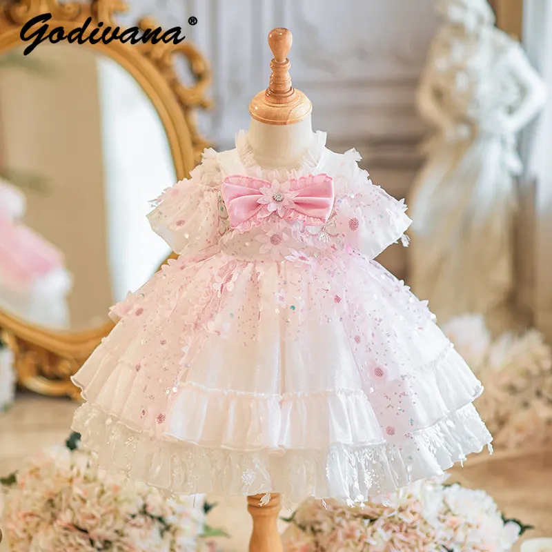 

Sweet Baby Girls Pink Lolita Birthday Party Dress Kids French High End Heavy Mesh Floral Sequin Ruffle Trim Princess Tutu Dress