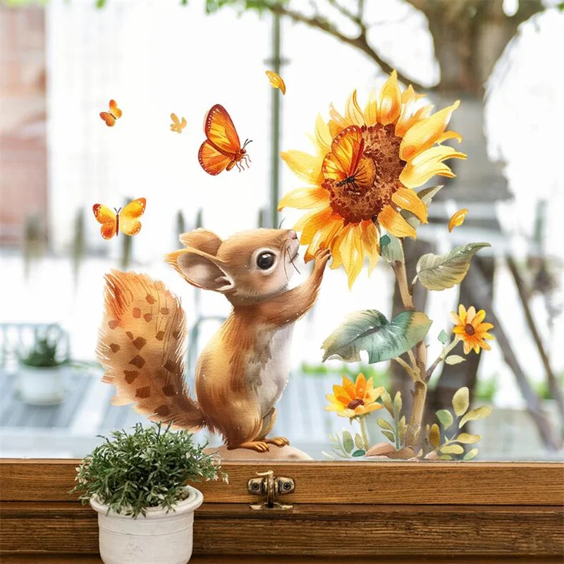 

29*30CM Watercolor Sunflower Squirrel Wall Stickers Home Bedroom Living Room Background Wall Glass Window Decoration