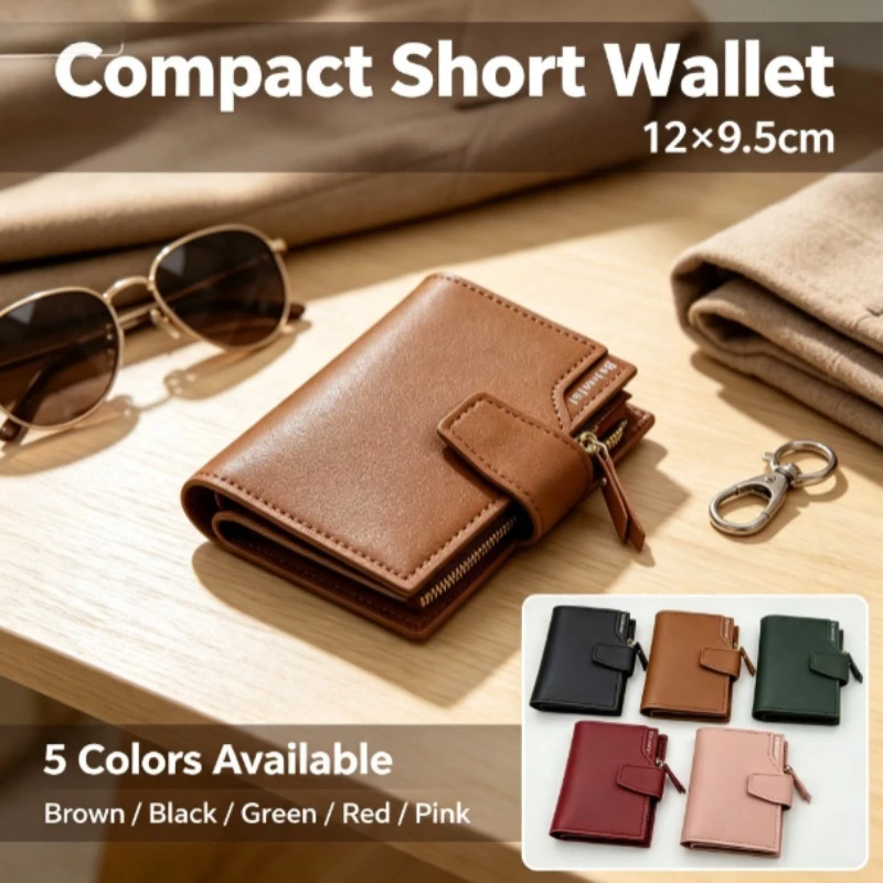 Women's Tri-fold Short Wallet, Multi Card Slots Functional Leather Purse, Korean Style Snap Button Card Holder for Ladies