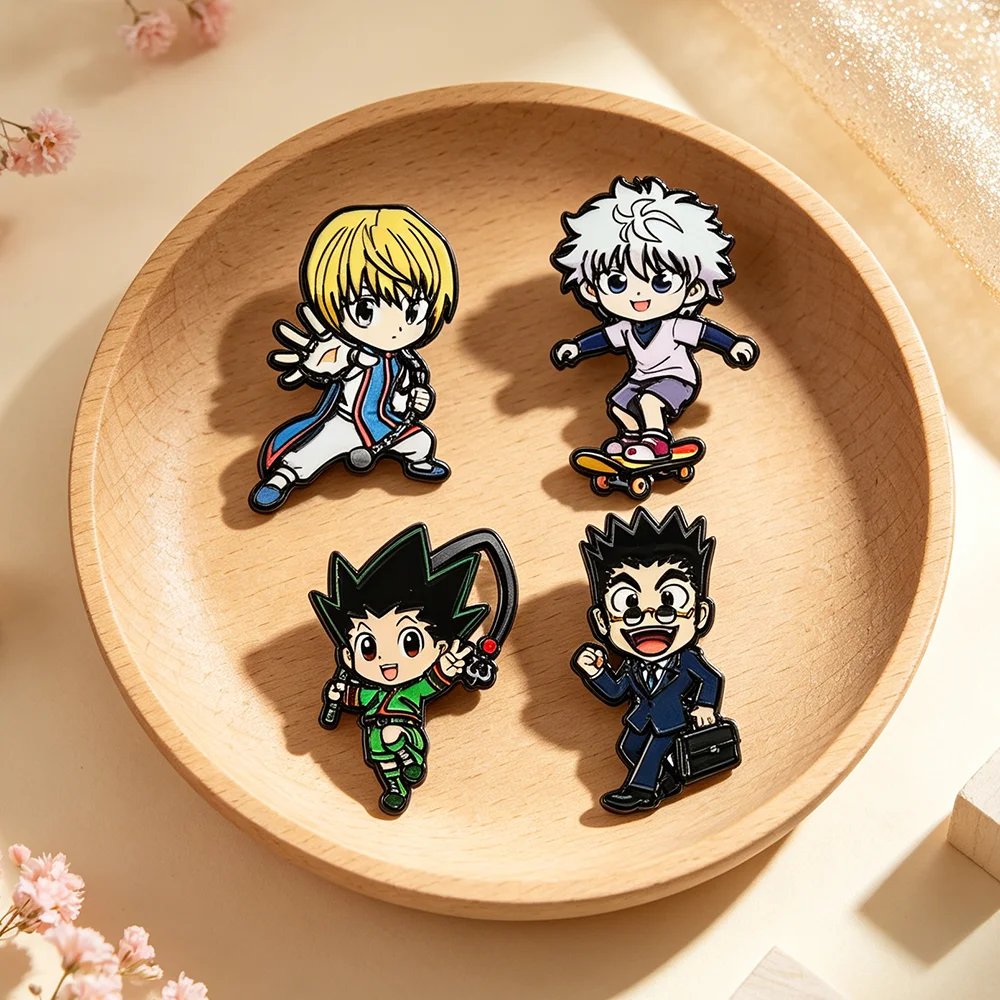 4Pcs Hunter Anime Chibi Character Enamel Pins Set, Cute Manga Cartoon Metal Lapel Brooches Anime Character Badges Friends Gift
