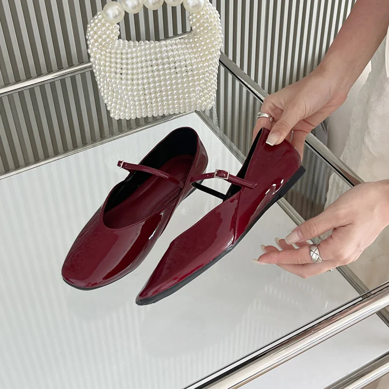 Wine Red Flat Shoes Women Low Heel Pumps Patent Leather Mary Jane Shoes Comfort Heels To Flats Big Size 42 43 Female Office Shoe