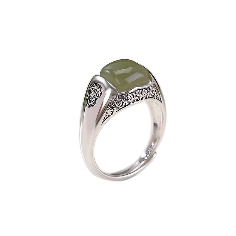 S925 Sterling Hetian Qing Shui Jade Amber Grass Pattern Geometric Square Silver Ring