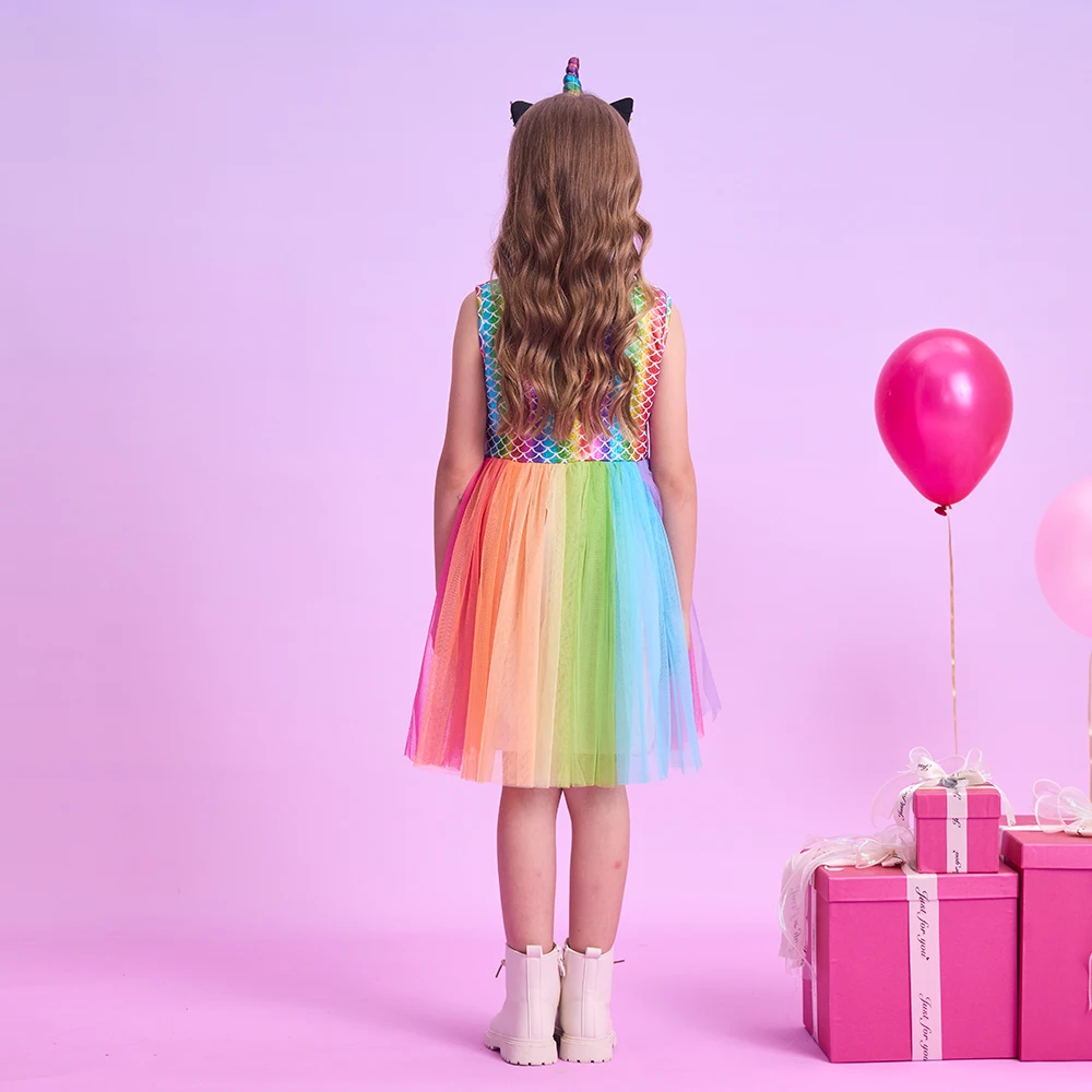 DXTON Children's Summer Holiday Clothing Sleeveless Girls Dress Colorful Tulle Patchwork Princess Dress Ocean World Kids Outfits