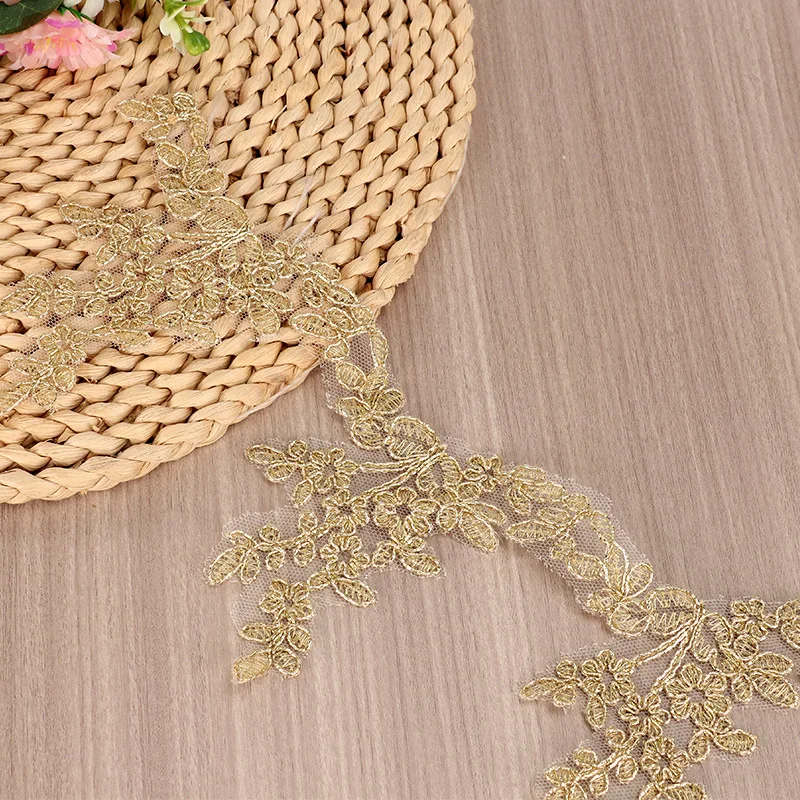 2 Yards Gold Cording Fabric Flower Venise Venice Mesh Lace Trim Applique Sewing Craft for Wedding Dec. 4.7cm wide