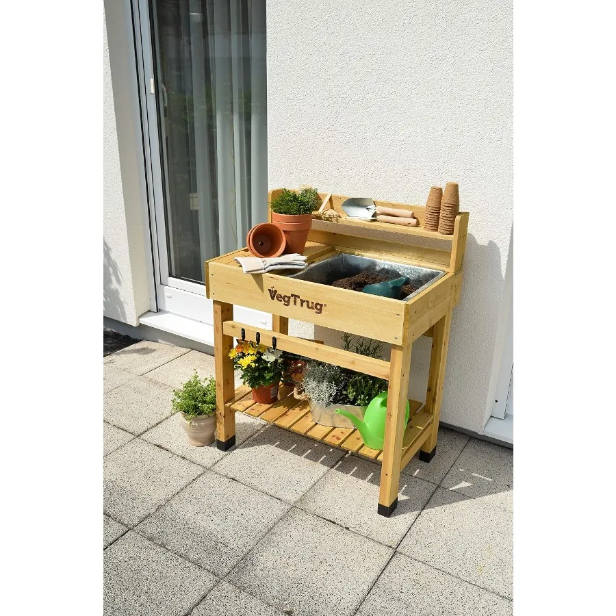 Deluxe Cedar Potting Bench, Natural - Outdoor Gardening Workstation with Removable Metal Tray, Built-in Shelves Storage for Rep