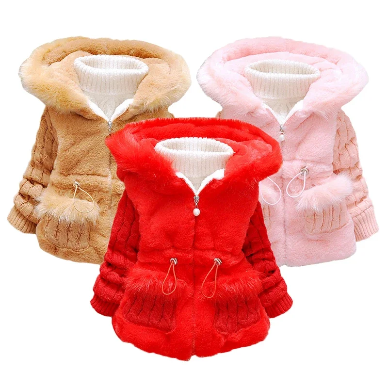 

1 2 3 4 Years Old Winter Girls Jacket Plush Wool Splicing Plus Velvet Thickening Keep Warm Slim Outerwear Kids Windbreaker Coat