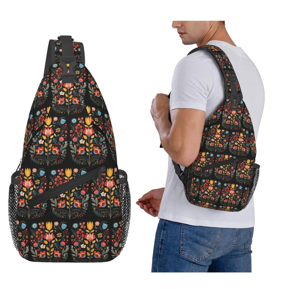 Polish Folk Flowers Print Poland Floral Chest Bag Men Sling Crossbody Backpack Chest Bag Travel Hiking Daypack Shoulder Bag