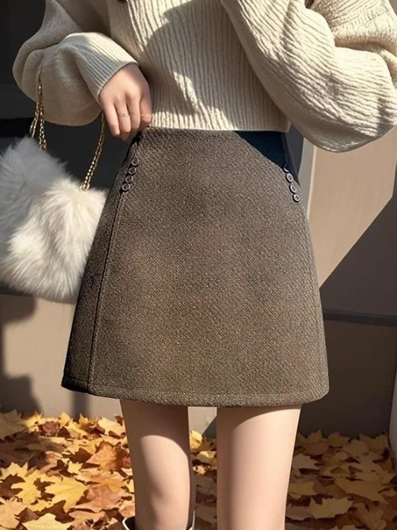 

Caramel Woolen Suit Skirt High Waist A-Line ort Skirt Women's Faion Autumn Winter New Sle Slimming f-length Skirt