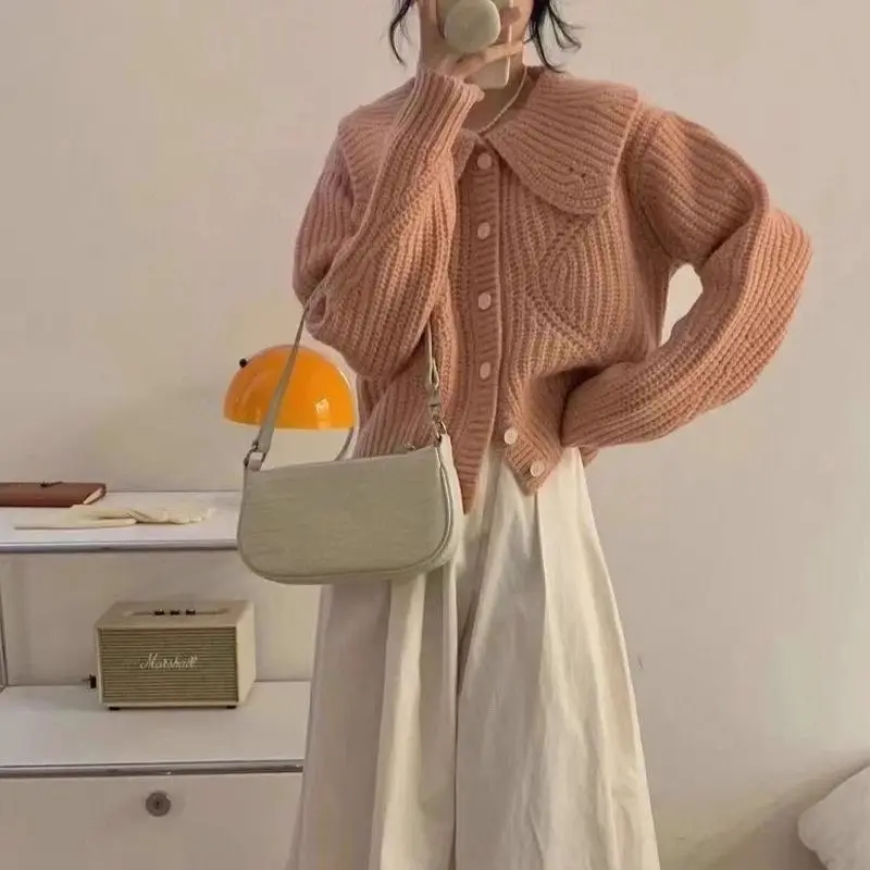 Knitted Cardigan Single-Breasted Doll Large Lapel Korean Chic Autumn And Winter French Loose Versatile Long-Sleeved Sweater