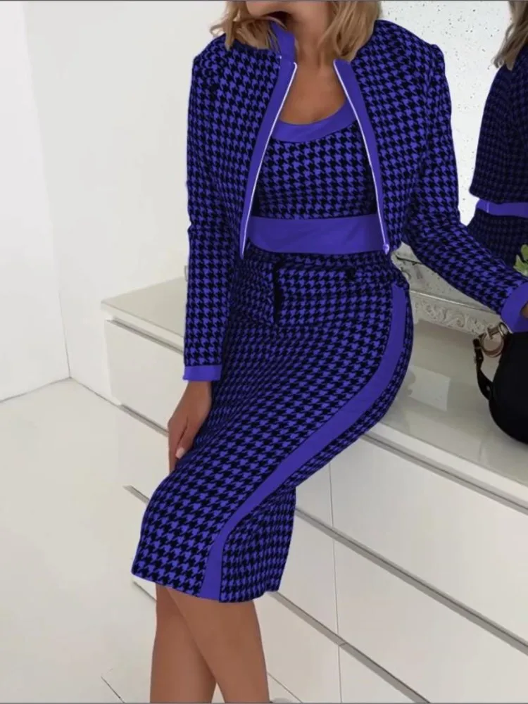 Autumn Winter Fashion Houndstooth Print 3 Piece Sets Women Long Sleeve Coat Tank & Pencil Skirt Suit Casual Party 3 Pcs Outfits