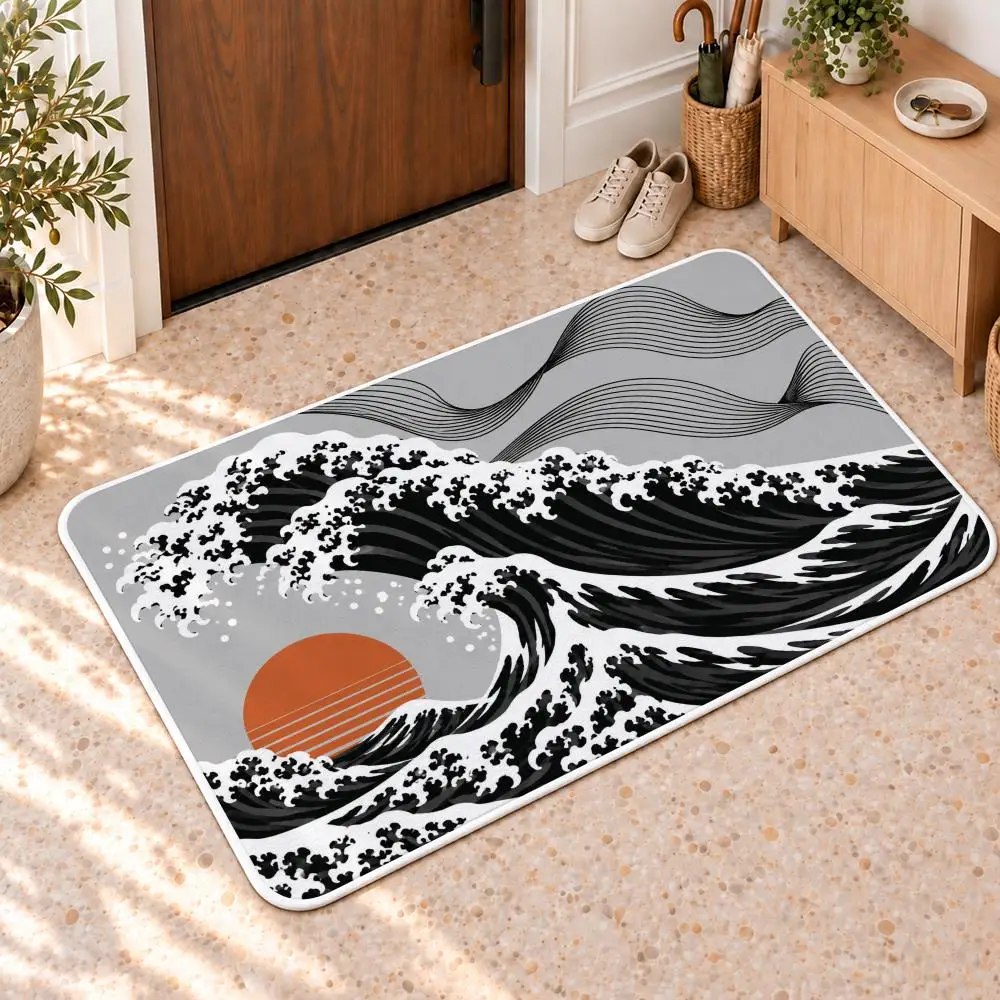 Graphic Ocean Waves Floor Mat Flannel Rug Soft Non Slip Door Mat for Bathroom Bedroom Entryway Home Decor Gift