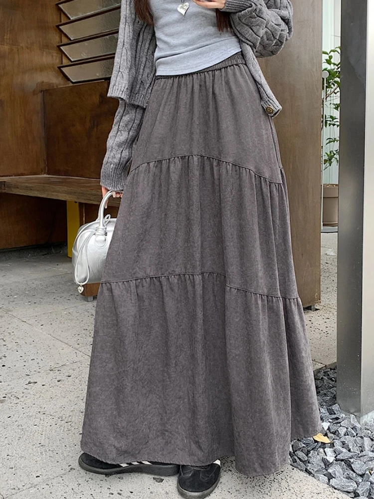 Qiukichonson Grey Maxi Long Skirt Women 2024 Korean Fashion Autumn Winter Casual High Waisted Ruffle Pleated Skirts 90cm rok