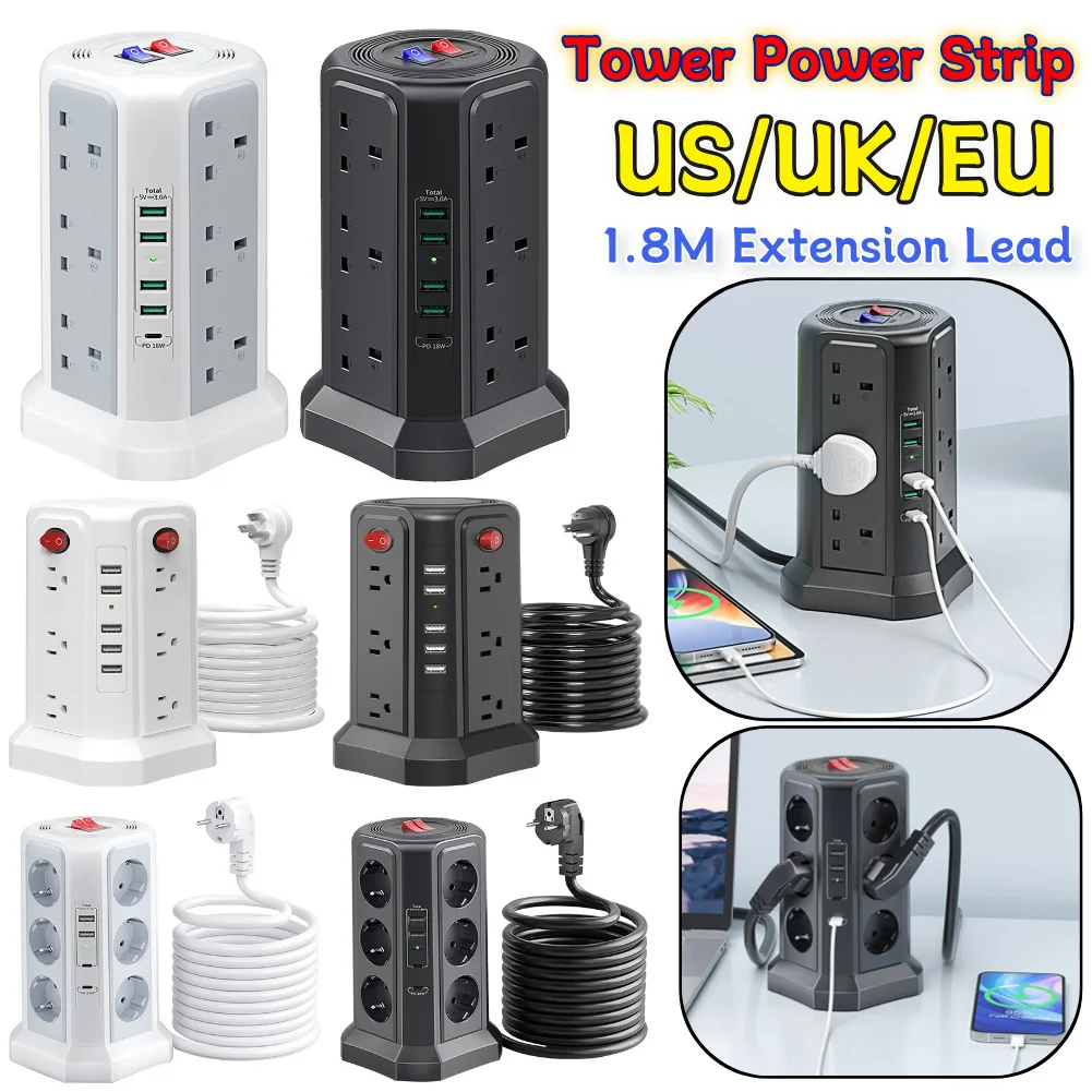 

UK/US/EU 1.8M Tower Extension Lead with USB Slots 5 USB Ports 12 Way PD18W Surge Protection Extension Lead Plug Extension Socket