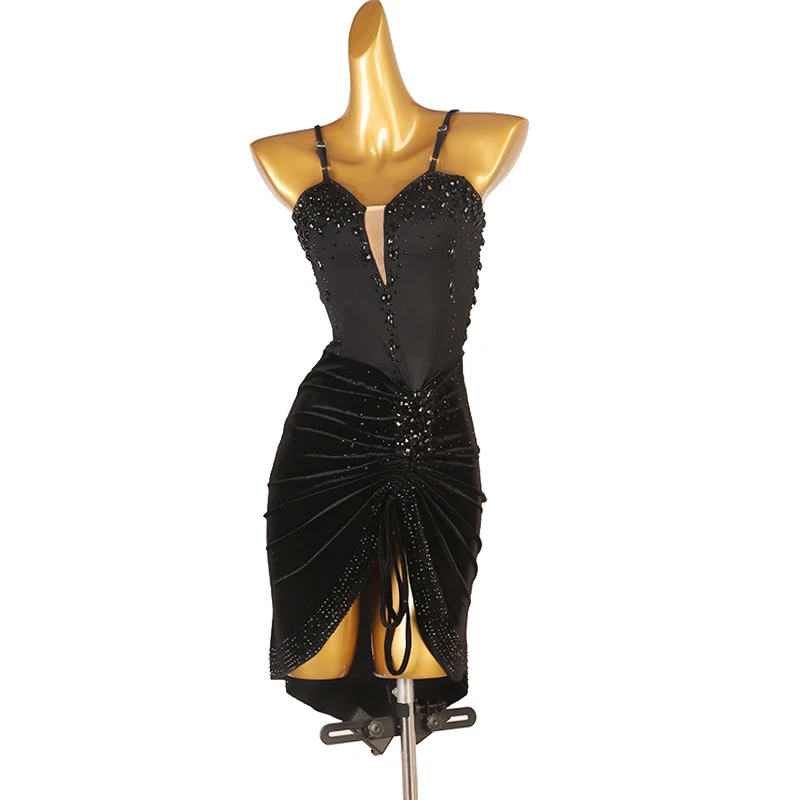 Vestido de competición de baile latino para mujer, vestido profesional Sexy negro con diamantes de imitación, ropa latina para mujer adulta Rumba Cha-Cha DQL8133