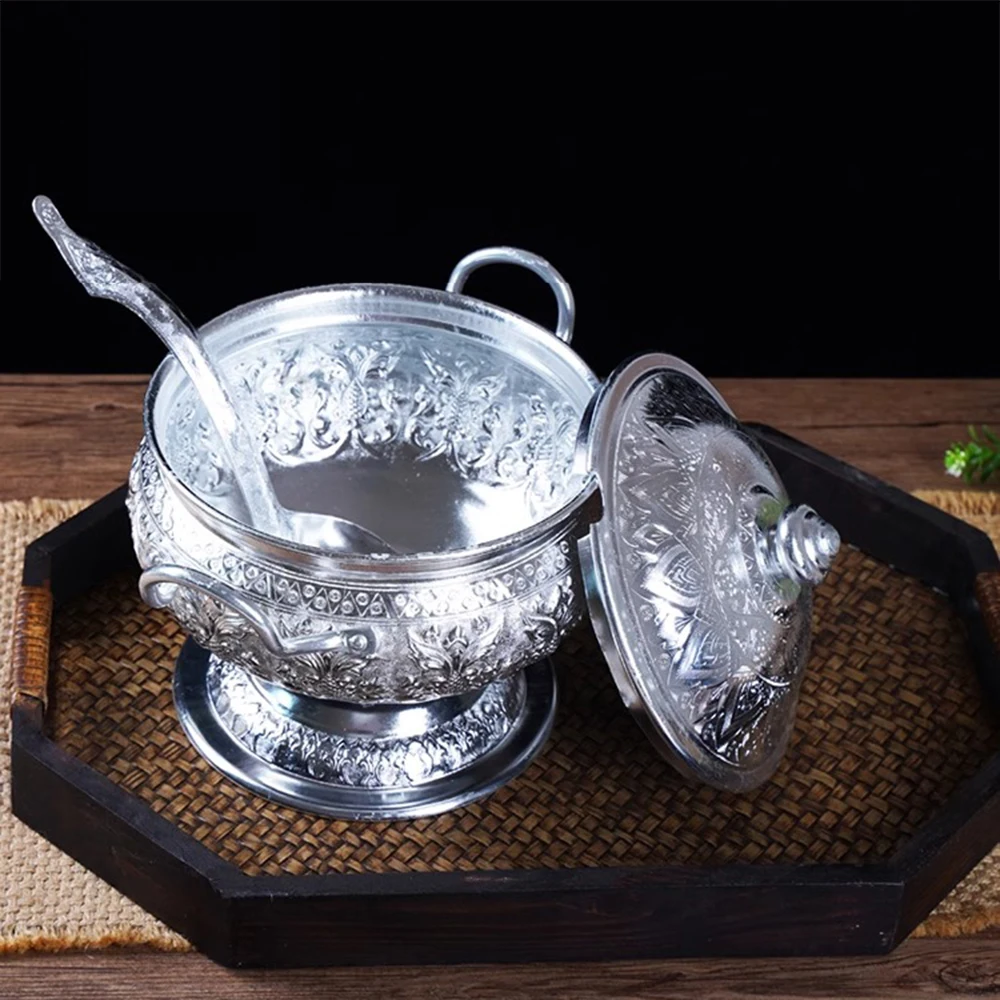 وعاء حساء من القصدير السيامي التايلاندي، وعاء توم يوم جوونج التقليدي المصنوع يدويًا، وعاء طعام بارد مع ملعقة، أدوات مائدة تايلاندية للمطبخ المنزلي