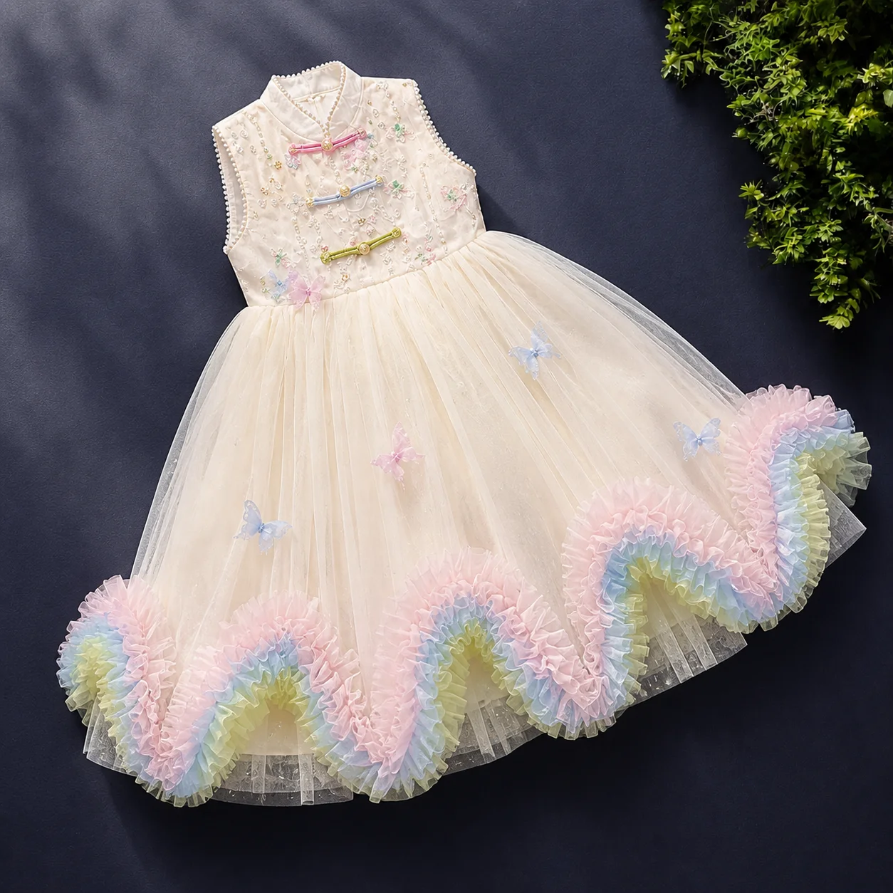 Girls Princess Dress Rainbow Ruffle Tulle Butterfly Flower Girl Dresses For Girls Birthday Pageant Party Gown Kids 4 6 8 10 12 T