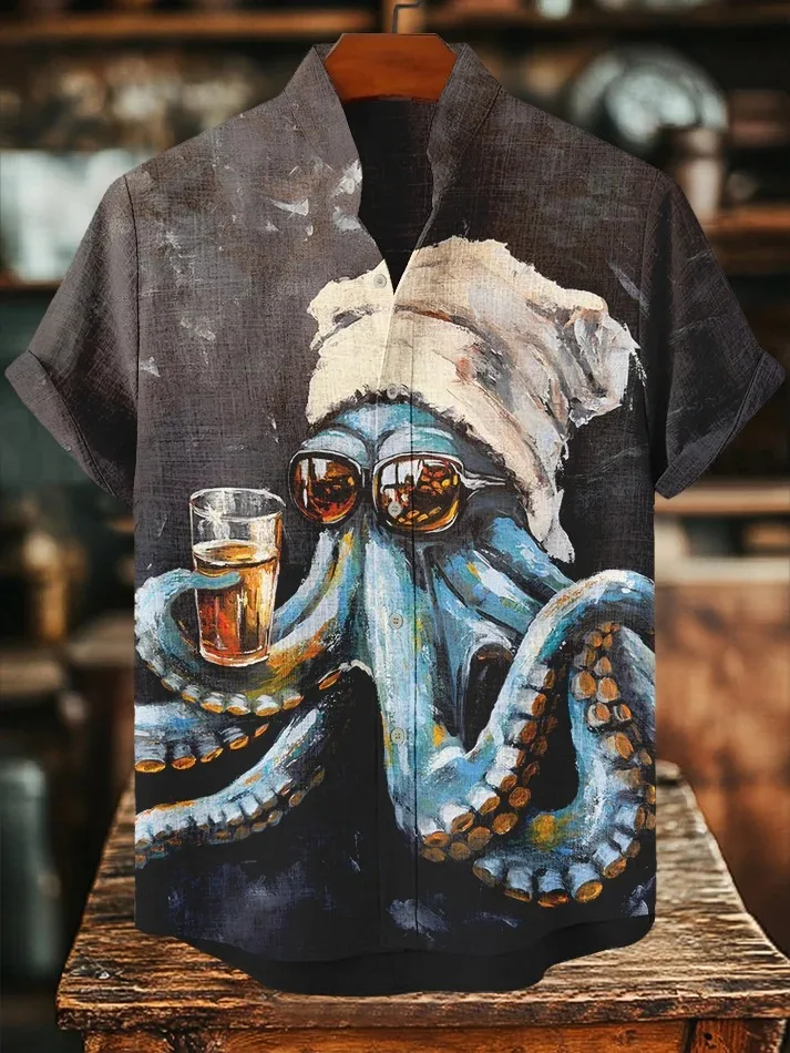Herrenhemd, lässig, Oktopus, der Tee unter dem Kirschbaum trinkt, Kunstdruck, japanischer Stil, Urlaubs-Oberbekleidung, Vintage-Harajuku-Bluse