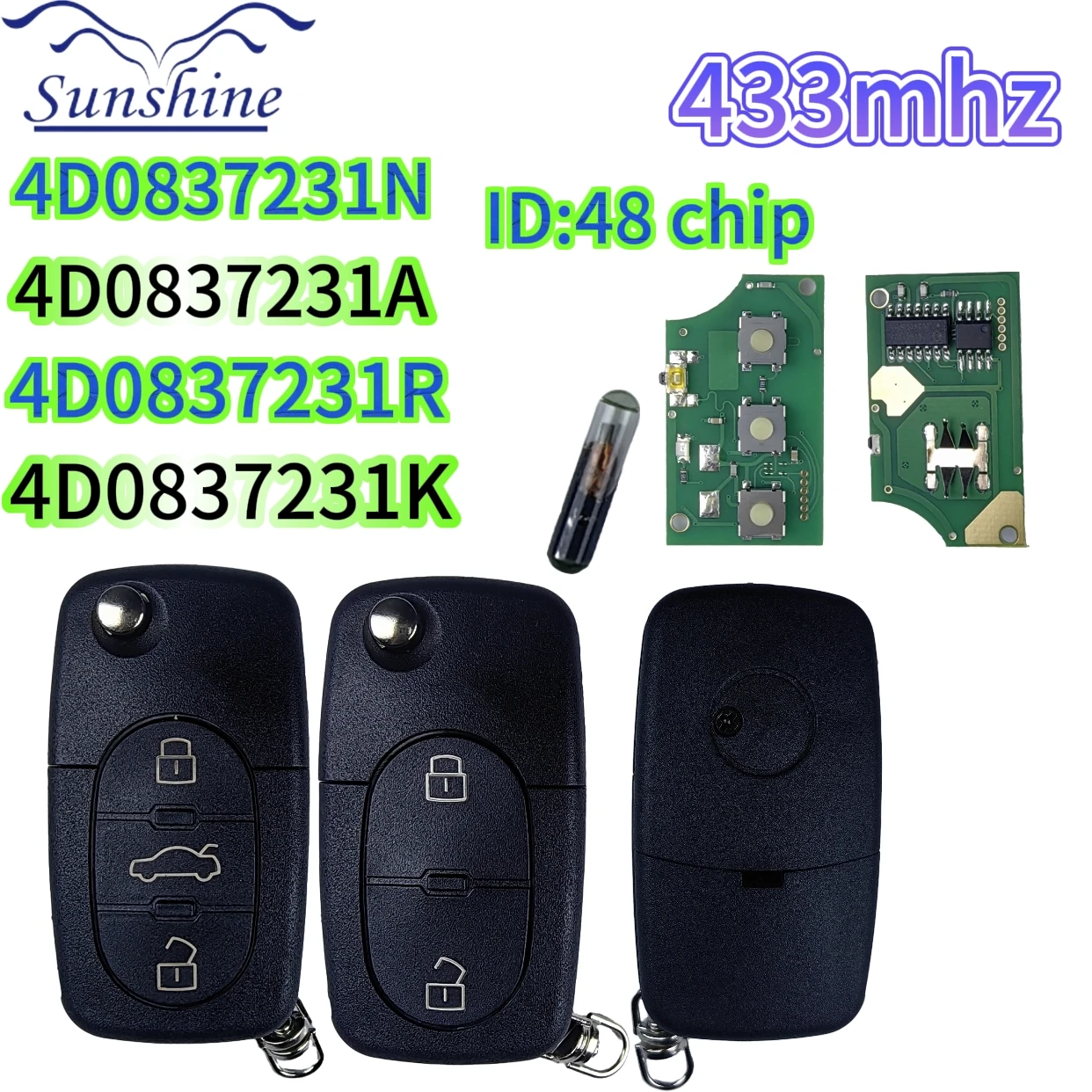 Chave remota do carro 433MHz ID48 Chip compatível com Audi A4 S4 A6 A8 TT 1997-2005 modelos 4D0837231A 4D0837231K 4D0837231N 4D0837231R