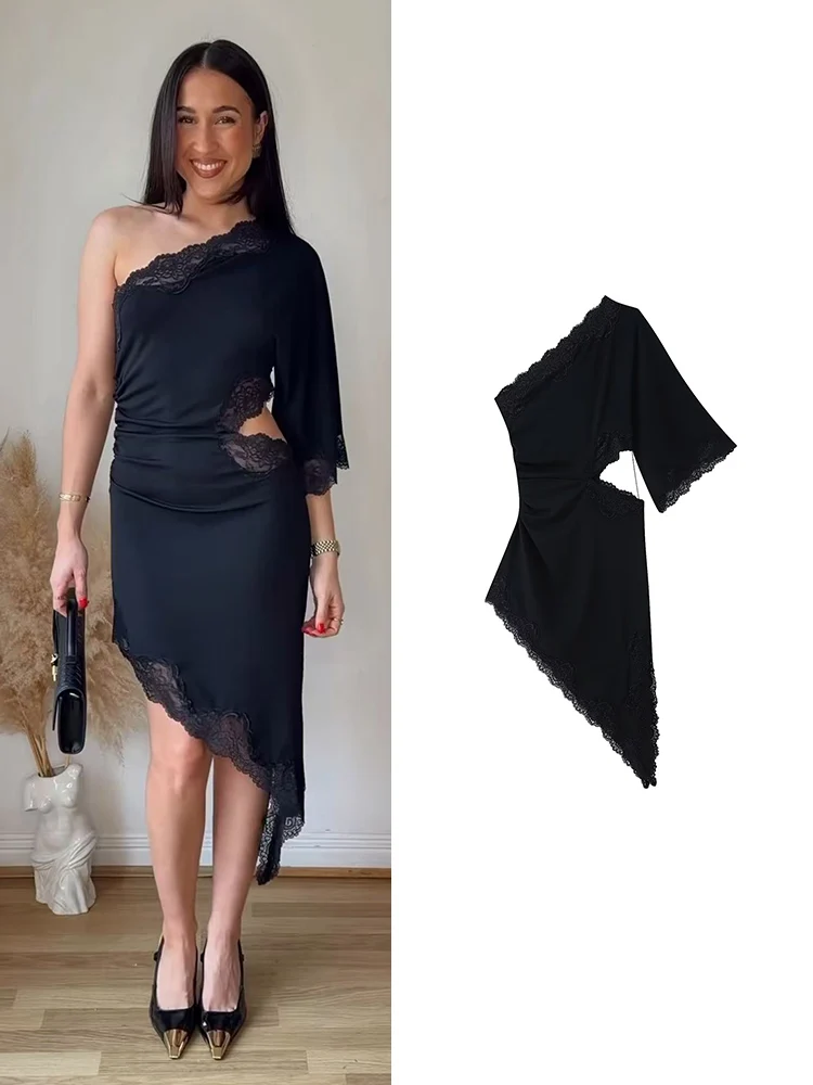 

Женское платье TFMLN 2026 с одним открытым плечом, шикарное, с кружевной отделкой, вырезами, асимметричное, миди, приталенное, для вечеринок, модное