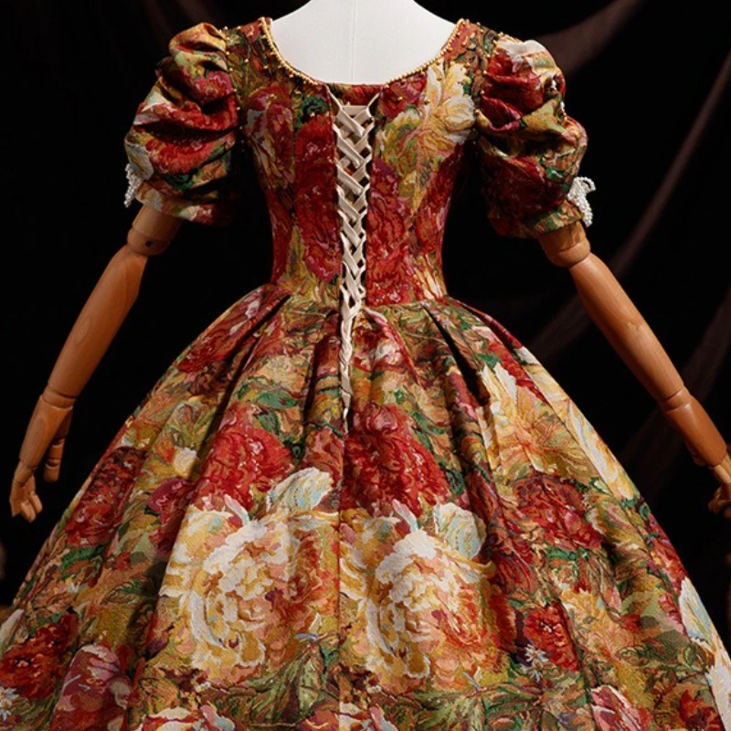 European Monet Oil Painting Retro Court Style French Print Dress Annual Meeting Drama Birthday Party Performance Dress Robe Fête