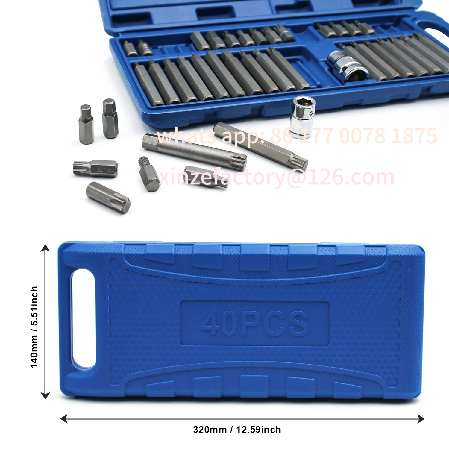 Customizable 40 piece set of automotive repair tools, including hexagonal, hexagonal, and hexagonal screwdriver head sleeve sets