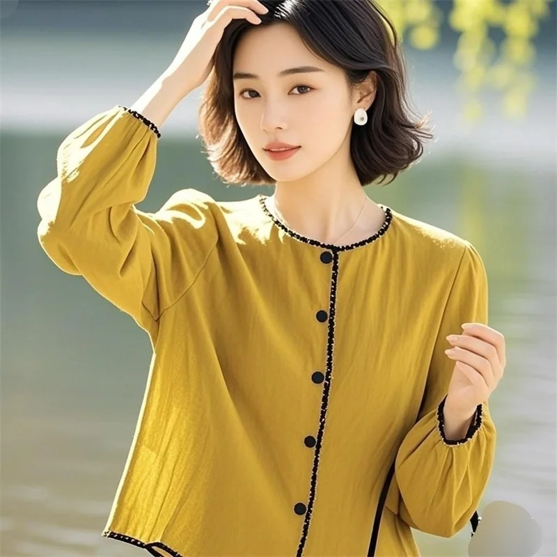 

Very Beautiful Women's Shirt New 2025 Spring Summer Round Neck Blue Ginger Shirt Coat Top Elegant Sunscreen Coat Jacket Female