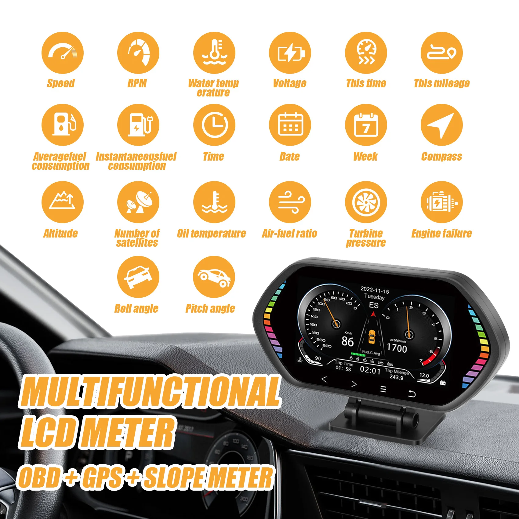 จอแสดงผลบนกระจกหน้ารถ (HUD) รุ่น Stable Performance-F12 แบบอเนกประสงค์ รองรับ OBD2 GPS พร้อมมาตรวัดความเร็วและมาตรวัดความเอียงอัจฉริยะ อุปกรณ์เสริมสำหรับรถยนต์