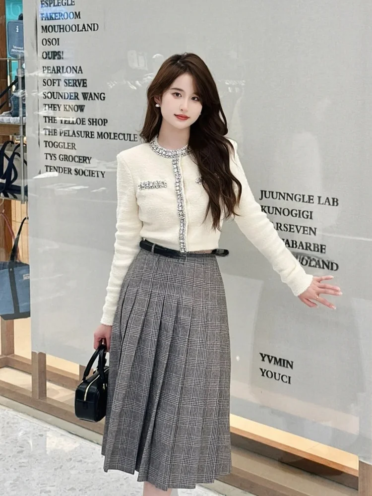Faionable retro cintura alta midi xadrez saia plissada para deslocamento outono nova chegada saia de mistura de poliéster feminino