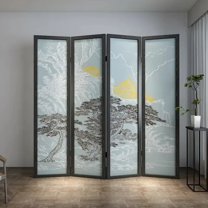 New Chinese-style abstract line folding screen partition living room can be moved into the home to block the simple tea room dec