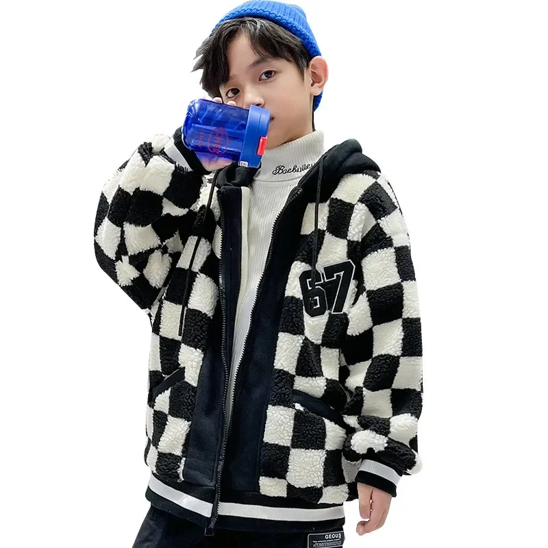 

Boys Plaid Sweater Coat Winter New Korean Fashion Hooded Top Kids Clothes for Teens Letter Print Thickened Warm Outerwear 4-14 Y