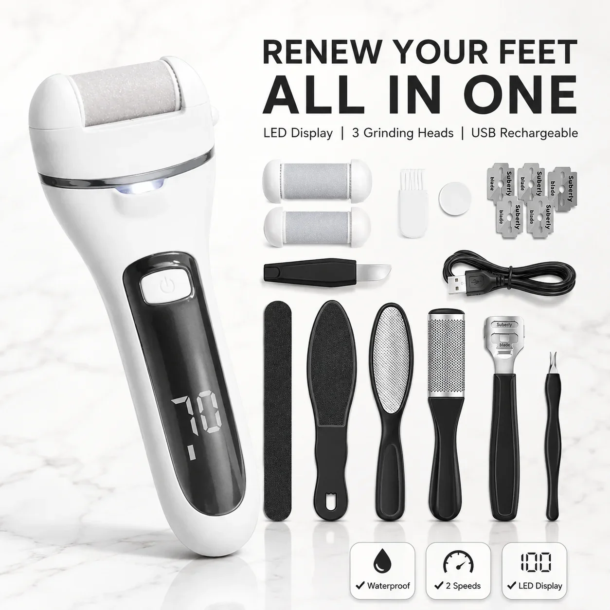 Electric Foot File Callus Remover 10PCS Pedicure Kit, Rechargeable Foot Care Tool with LED Display, Waterproof, 3 Roller Heads