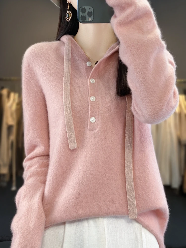 Autumn and Winter New Women's 100% Pure Merino Wool Hooded Casual Pullover Wool Sweater Seamless Knitted on One Side